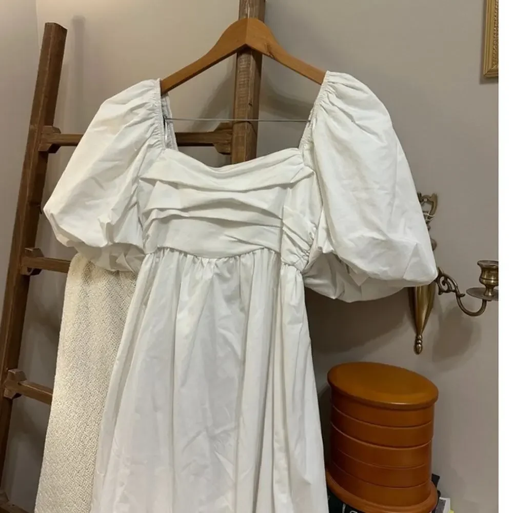 Express‎ white M Cotton Puff baby doll Dress Prarie romantic Boho Milkmaid